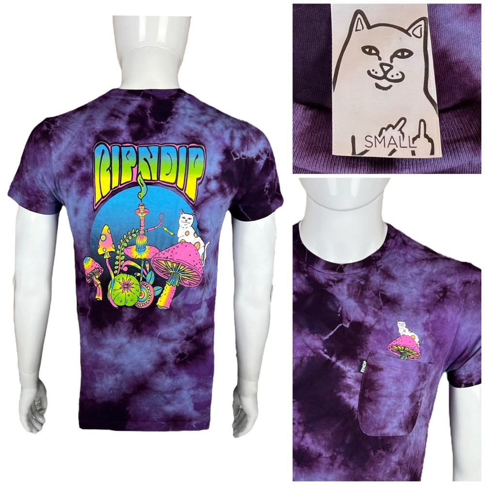 RIPNDIP Men Small Shirt Purple Tie Dye Psychedelic Mushroom Cat Double Sided EUC